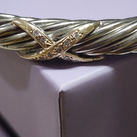 Sterling and 14K gold and diamond "X" Cable Twist cuff bracelet - Picture 2 of 12